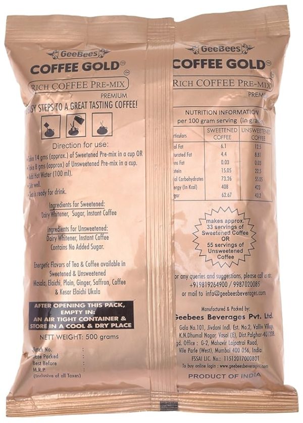 GeeBees Coffee Gold Instant Premix Coffee Sweetened, 500gms - Image 2