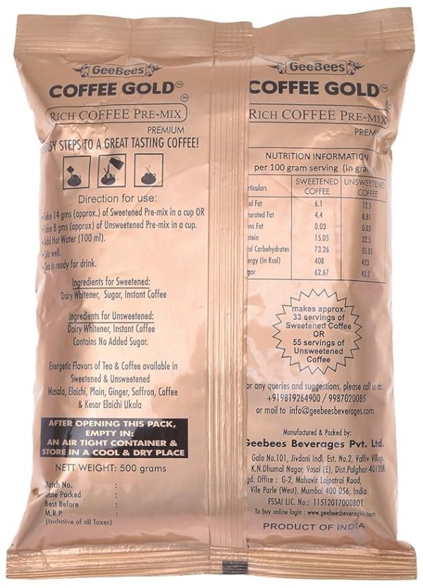 GeeBees Coffee Gold Instant Premix Coffee Unsweetened, 500gms - Image 2