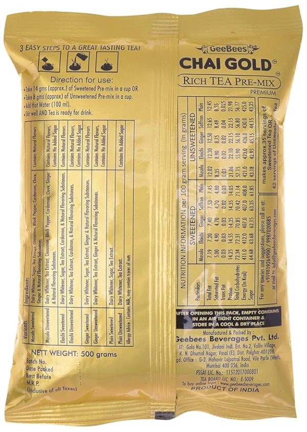 GeeBees Chai Gold Instant Premix Elaichi Tea Unsweetened, 500gms - Image 2