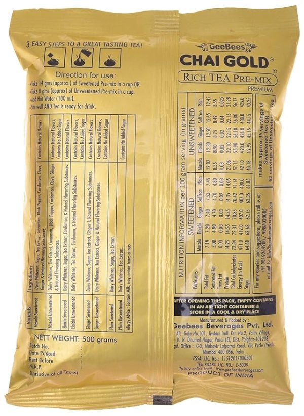 GeeBees Chai Gold Instant Premix Plain Tea Sweetened, 500gms - Image 2