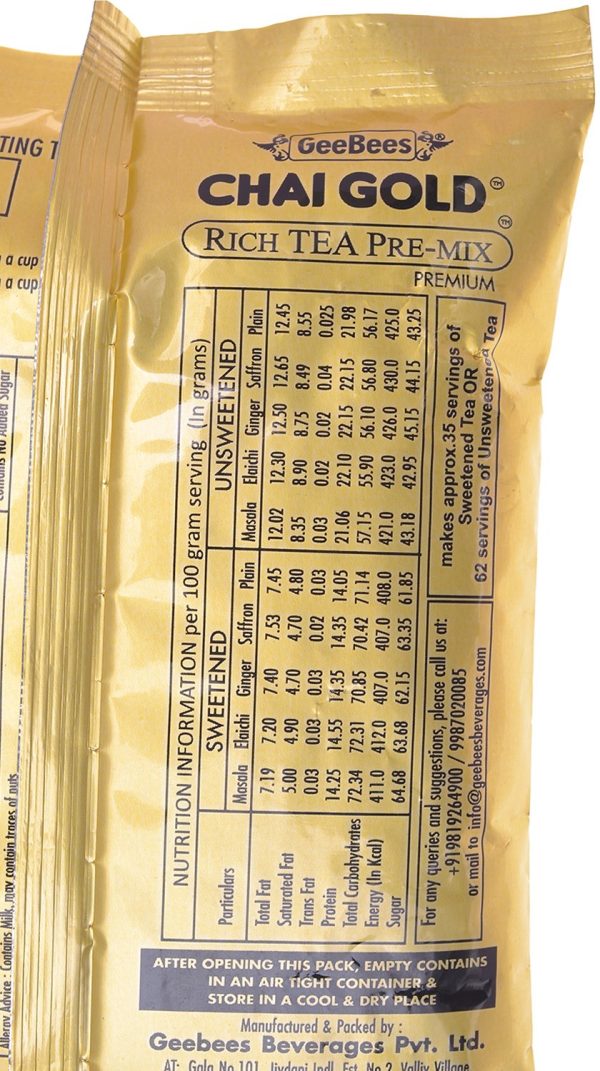 GeeBees Chai Gold Instant Premix Plain Tea Unsweetened, 500gms - Image 3