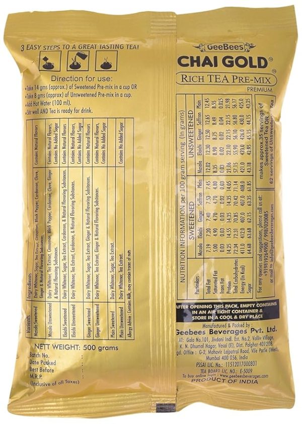 GeeBees Chai Gold Instant Premix Plain Tea Unsweetened, 500gms - Image 2