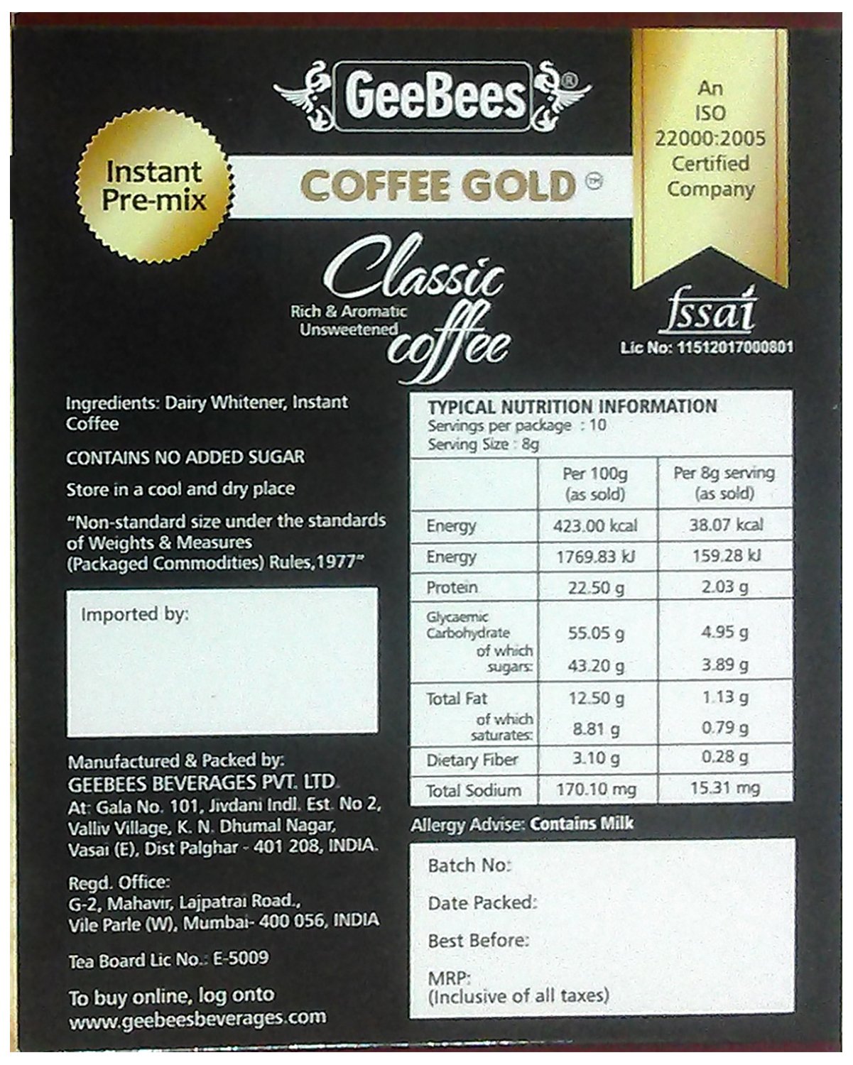 GeeBees Coffee Gold Instant Premix Coffee Low Sugar, Box of 10 Sachet - Image 2