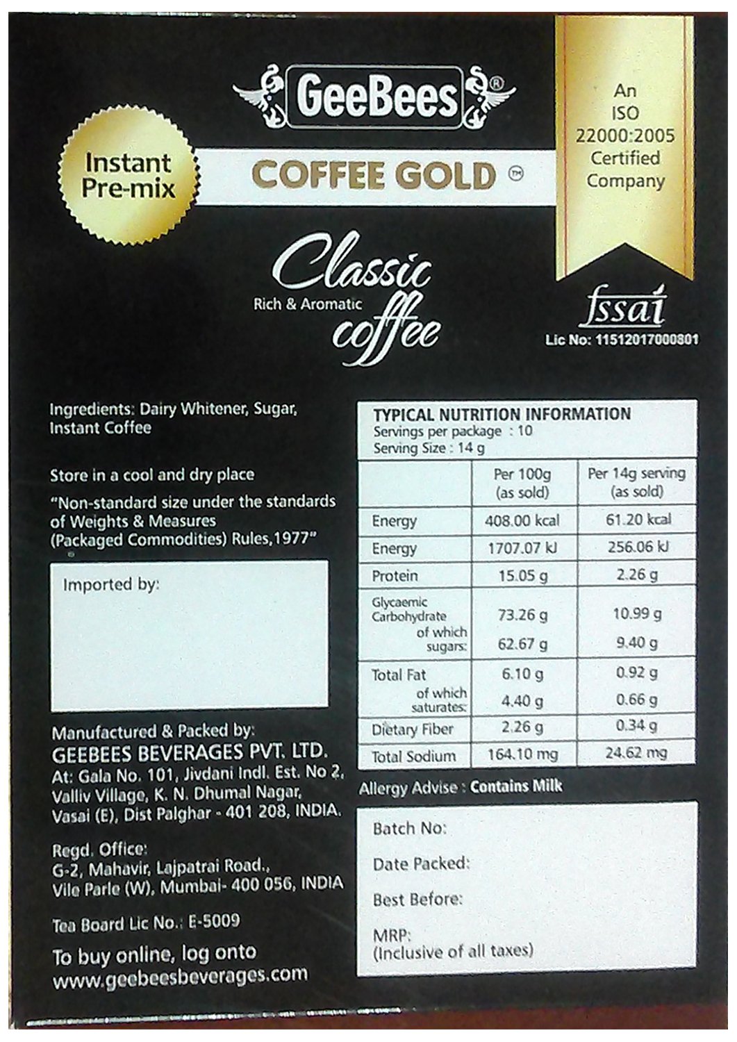 GeeBees Coffee Gold Instant Premix Coffee Sweetened, Box of 10 Sachet - Image 2