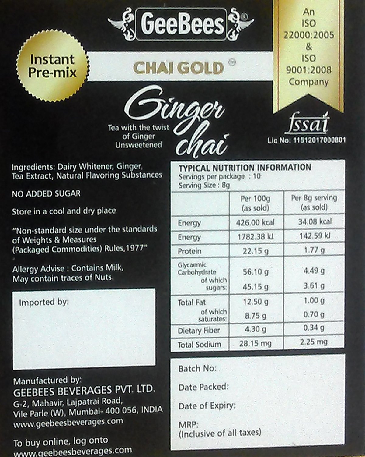 GeeBees Chai Gold Instant Premix Ginger Tea Low Sugar, Box of 10 Sachet - Image 2