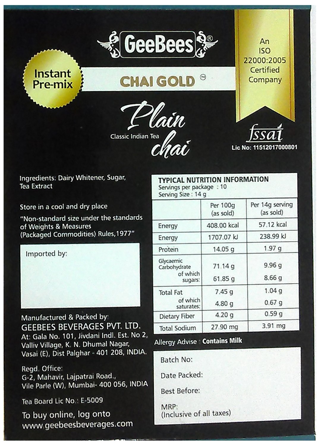 GeeBees Chai Gold Instant Premix Plain Tea Low Sugar, Box of 10 Sachet - Image 2